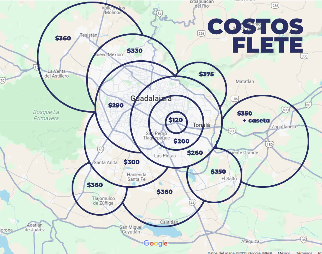 Mapa de costos de flete para Mueblezuki en la Zona Metropolitana de Guadalajara